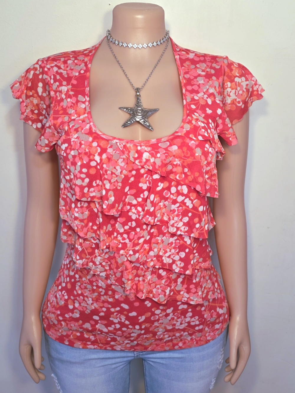 Apt. 9 Coral Pink Floral Ruffle Short Sleeve Top
